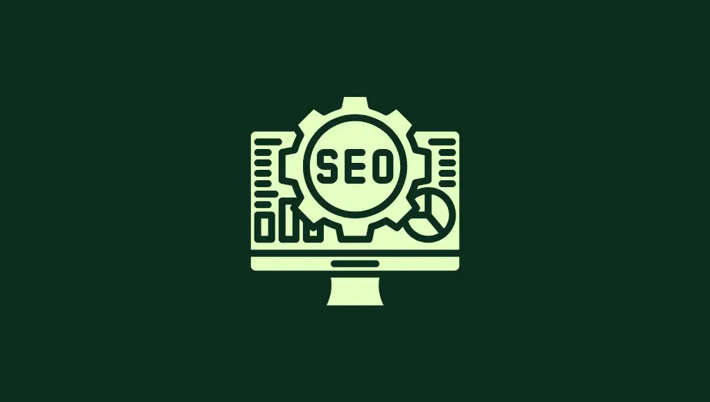 Minimal SEO illustration showing a gear and analytics icons on a computer screen.