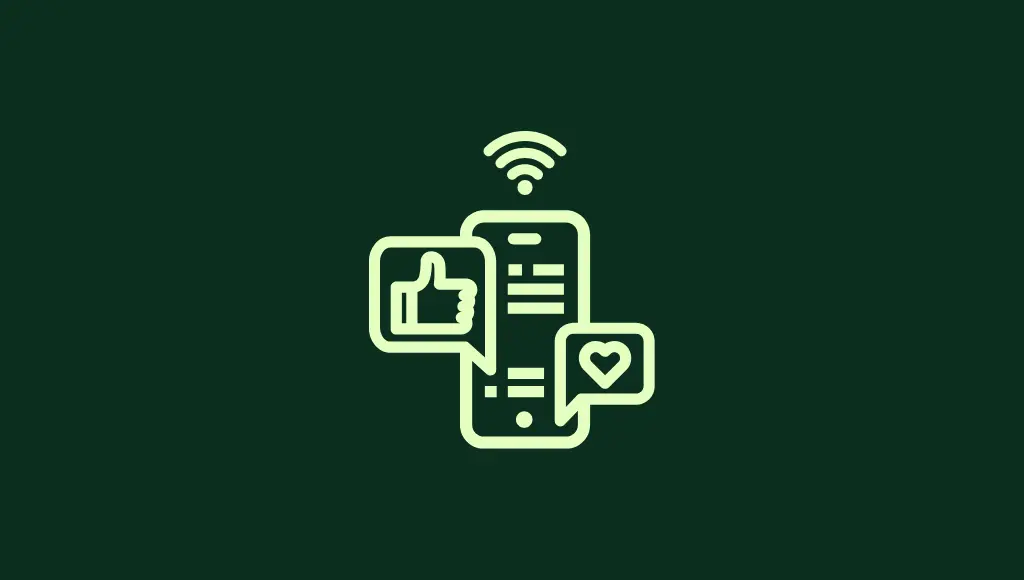 Minimal illustration of a smartphone with social media icons for likes and engagement.