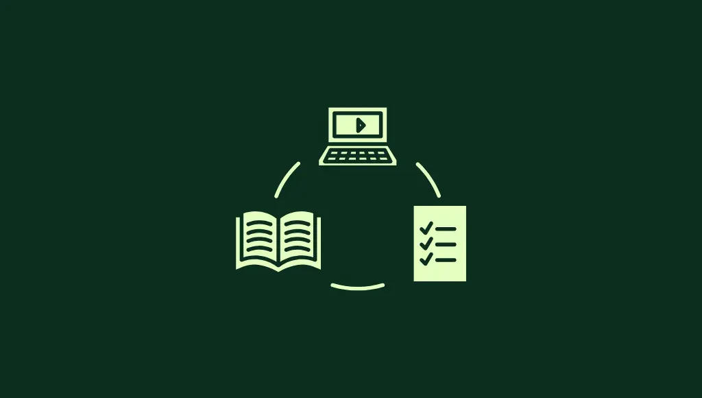 “Digital marketing learning cycle showing laptop, book and checklist icons connected in a circular flow.”