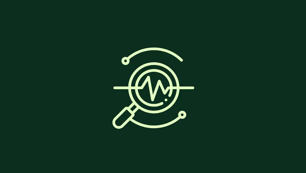 Digital analytics icon showing a magnifying glass with a heartbeat-style graph inside, outlined in light green on a dark green background.